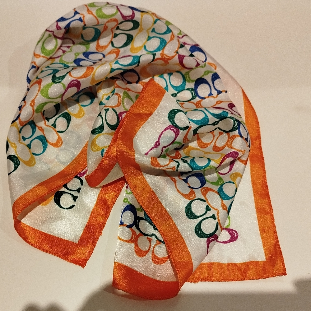 Colorful Patterned Silk Scarf with Orange Border